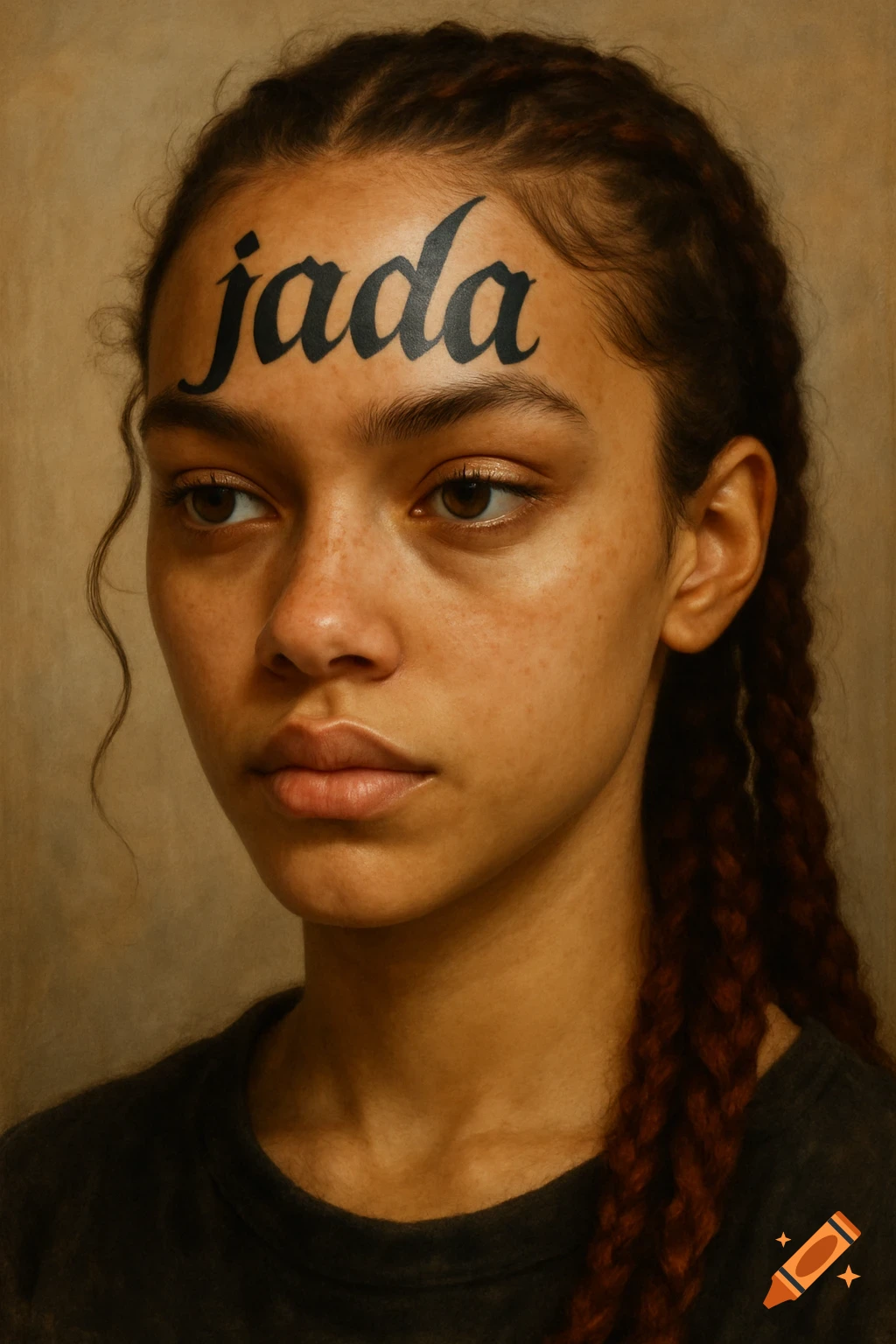 Close-up portrait of a young woman with the name jada tattooed on her forehead, photorealistic style.
