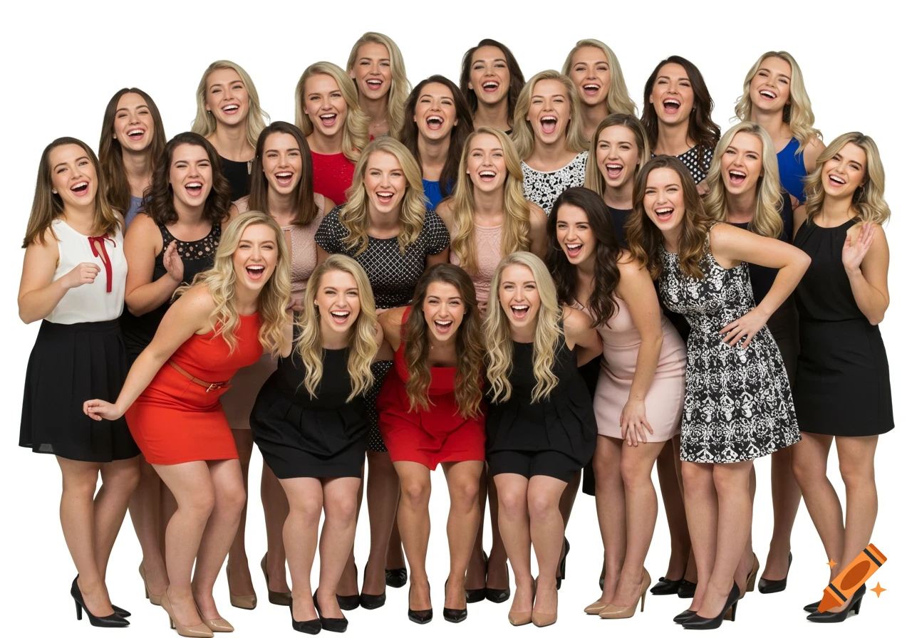A large group of young women, diverse in appearance and dress, laugh and smile together against a white background.