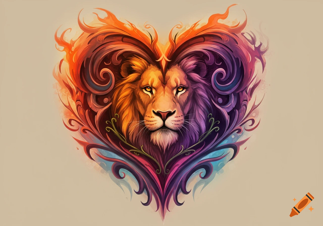 Stylized illustration of a lion's face centered within a vibrant, decorative heart shape.
