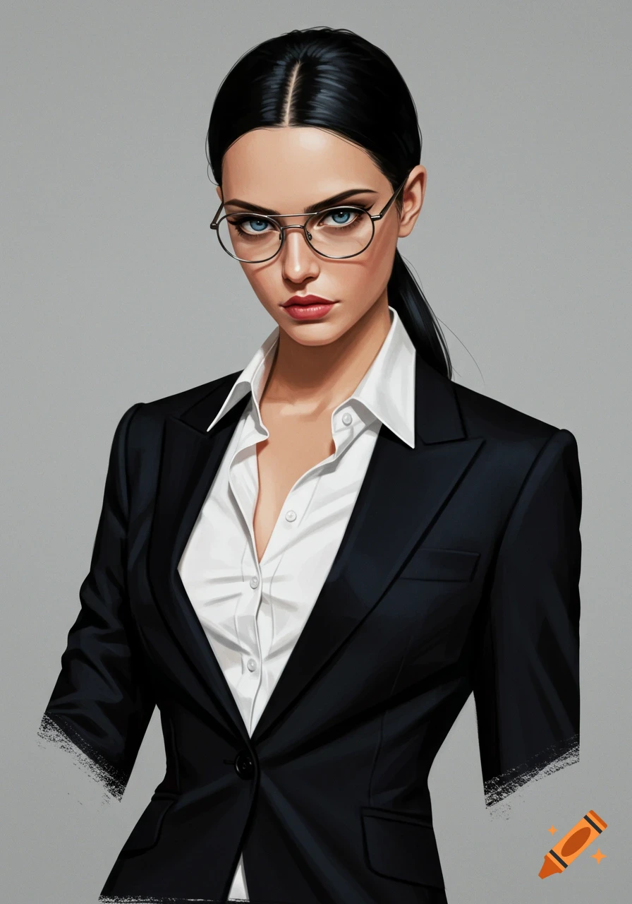 Portrait of a woman in a black blazer, white shirt, and glasses. on Craiyon
