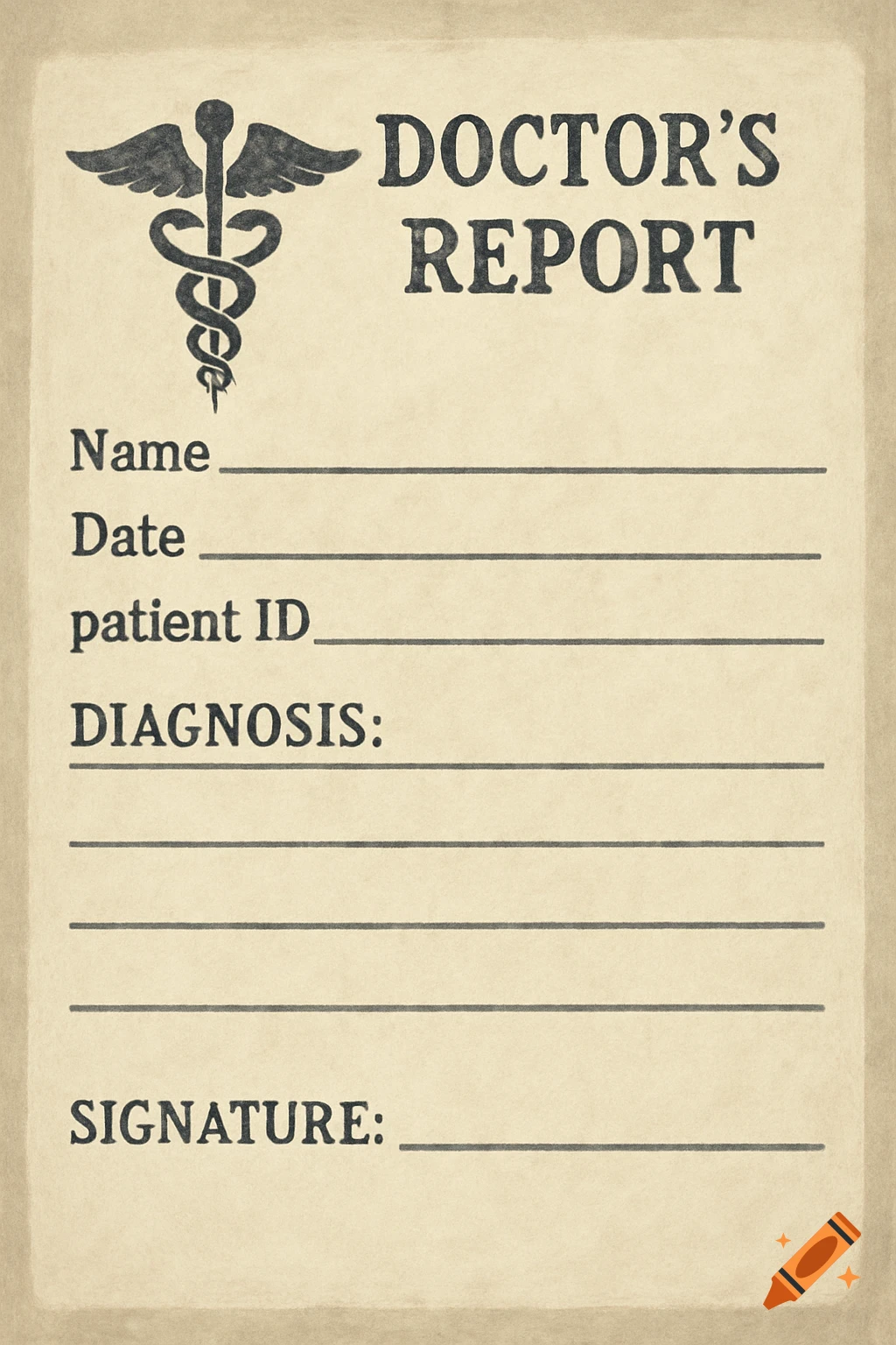 A doctor's report form with space for name, date, patient ID, diagnosis, and signature.