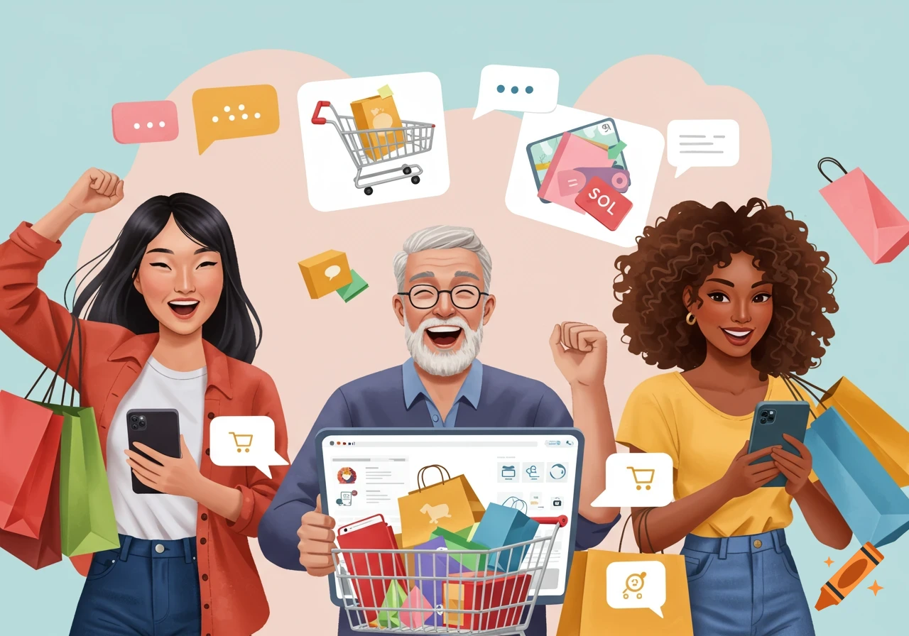 Diverse group of happy people online shopping with phones and a laptop, surrounded by bags and icons in a stylized illustration.