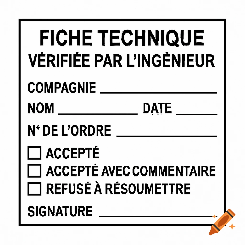 Technical verification stamp or form template with French text fields and checkboxes.