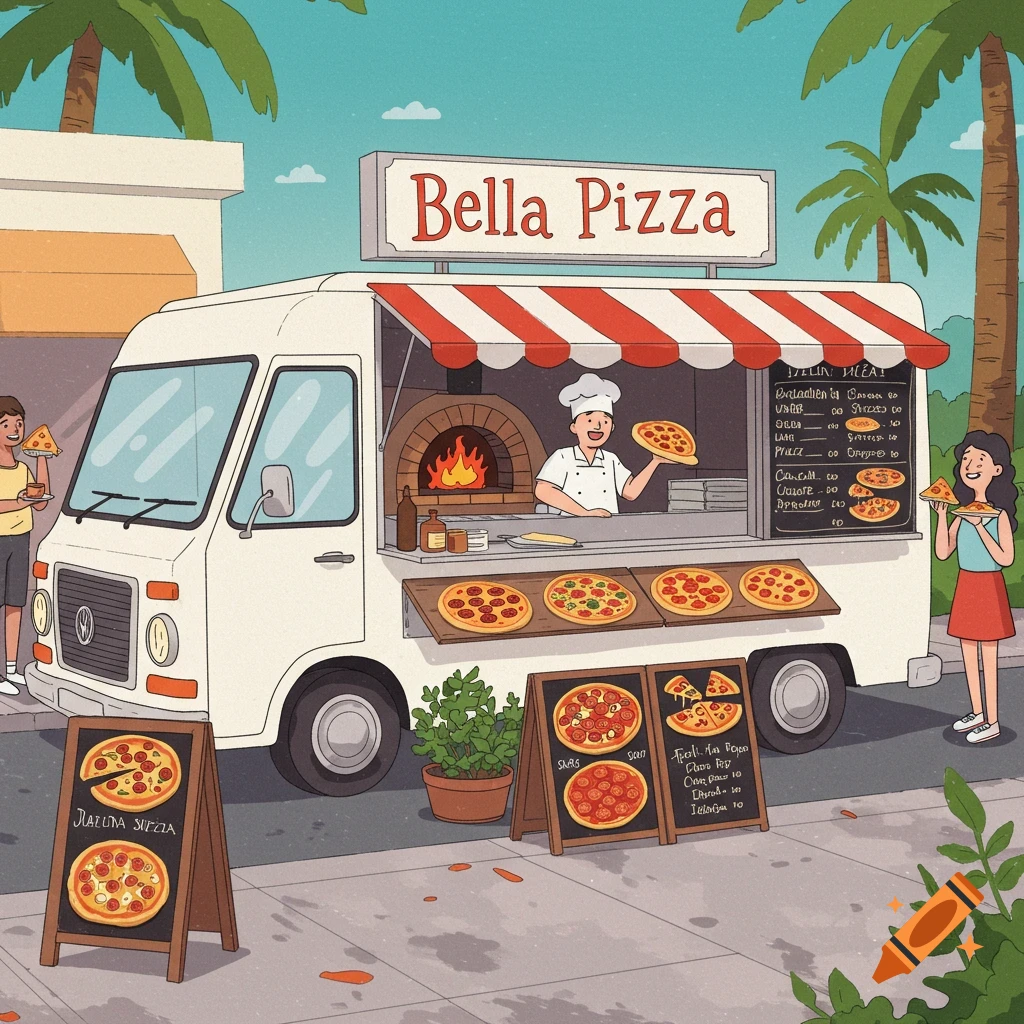 Clip art illustration of a Bella Pizza food truck with chef, customers, and pizzas.