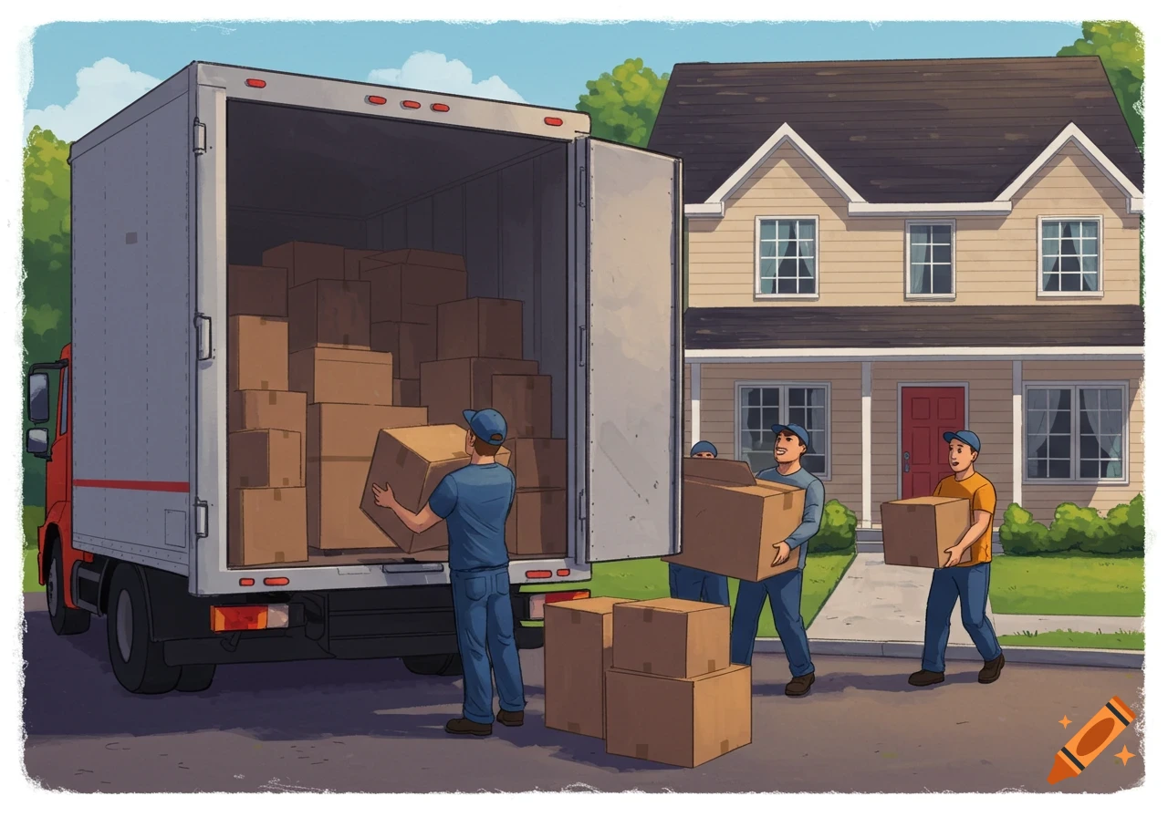 Illustration of men moving boxes from a large truck into a house.
