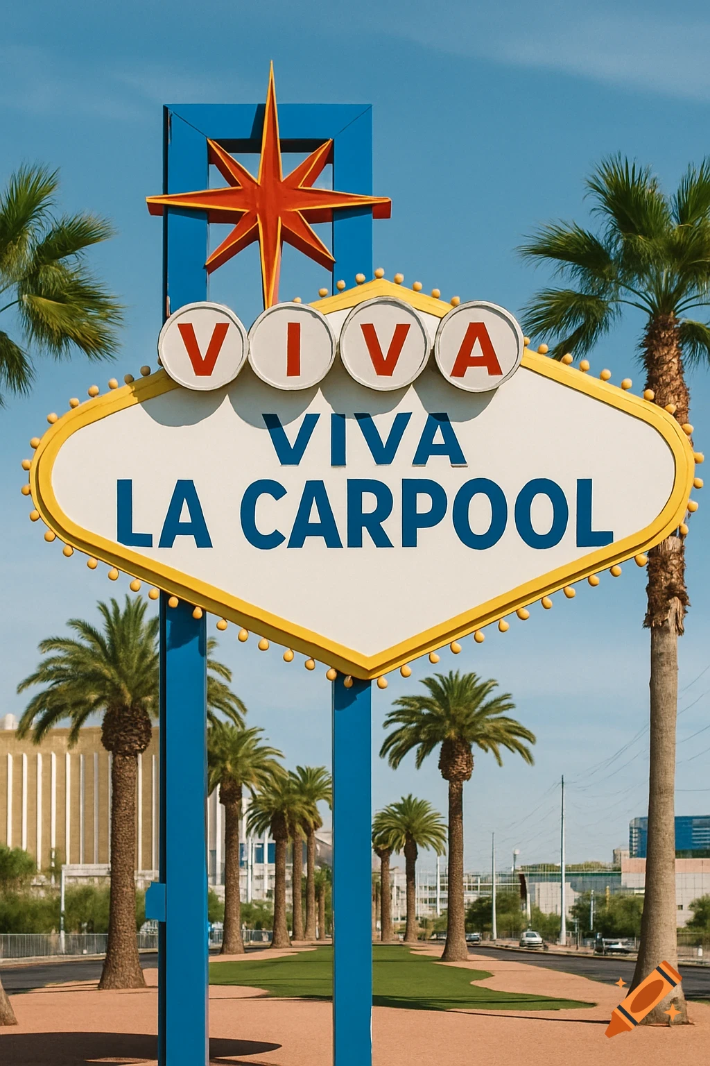 Las Vegas style sign reading VIVA VIVA LA CARPOOL, with palm trees and buildings under a blue sky. Photorealistic.