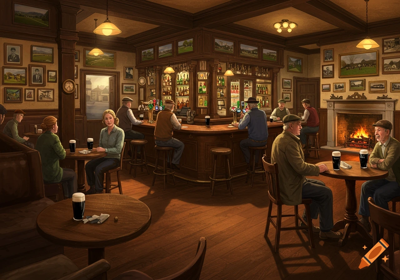 Illustration of people socializing in an old Irish pub.