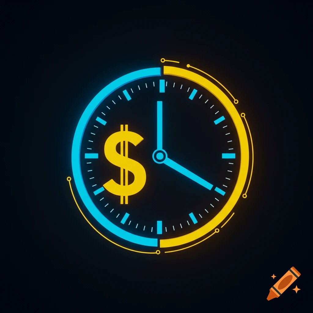Digital graphic of a clock face with a yellow dollar sign symbol in the center, highlighted with blue and yellow lines on a dark background.
