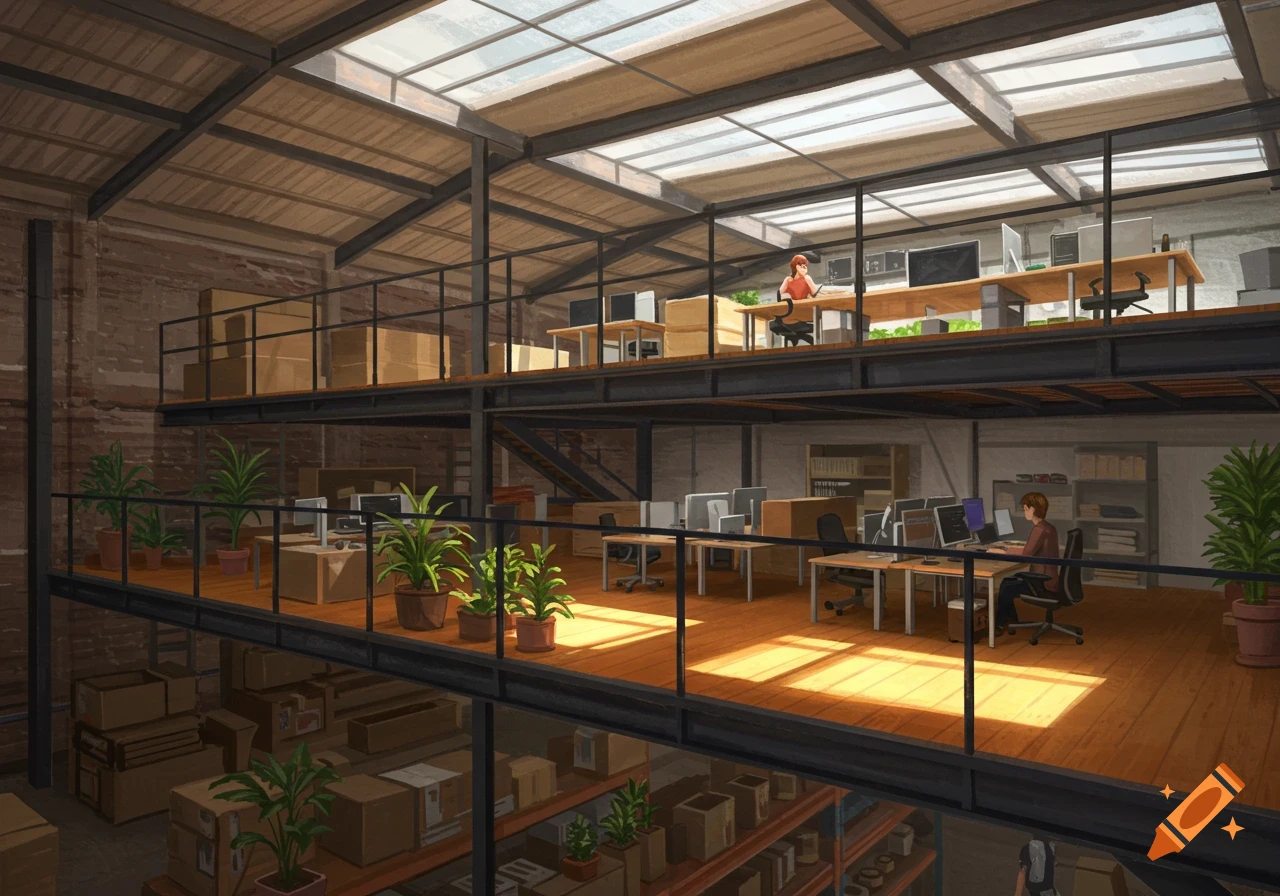 Illustrated view of a multi-level office space built into a warehouse mezzanine with desks and people working.