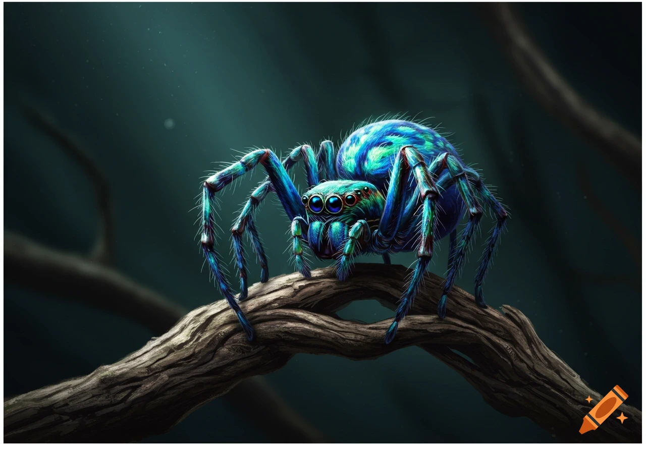 A vibrant blue and green spider perches on a branch.