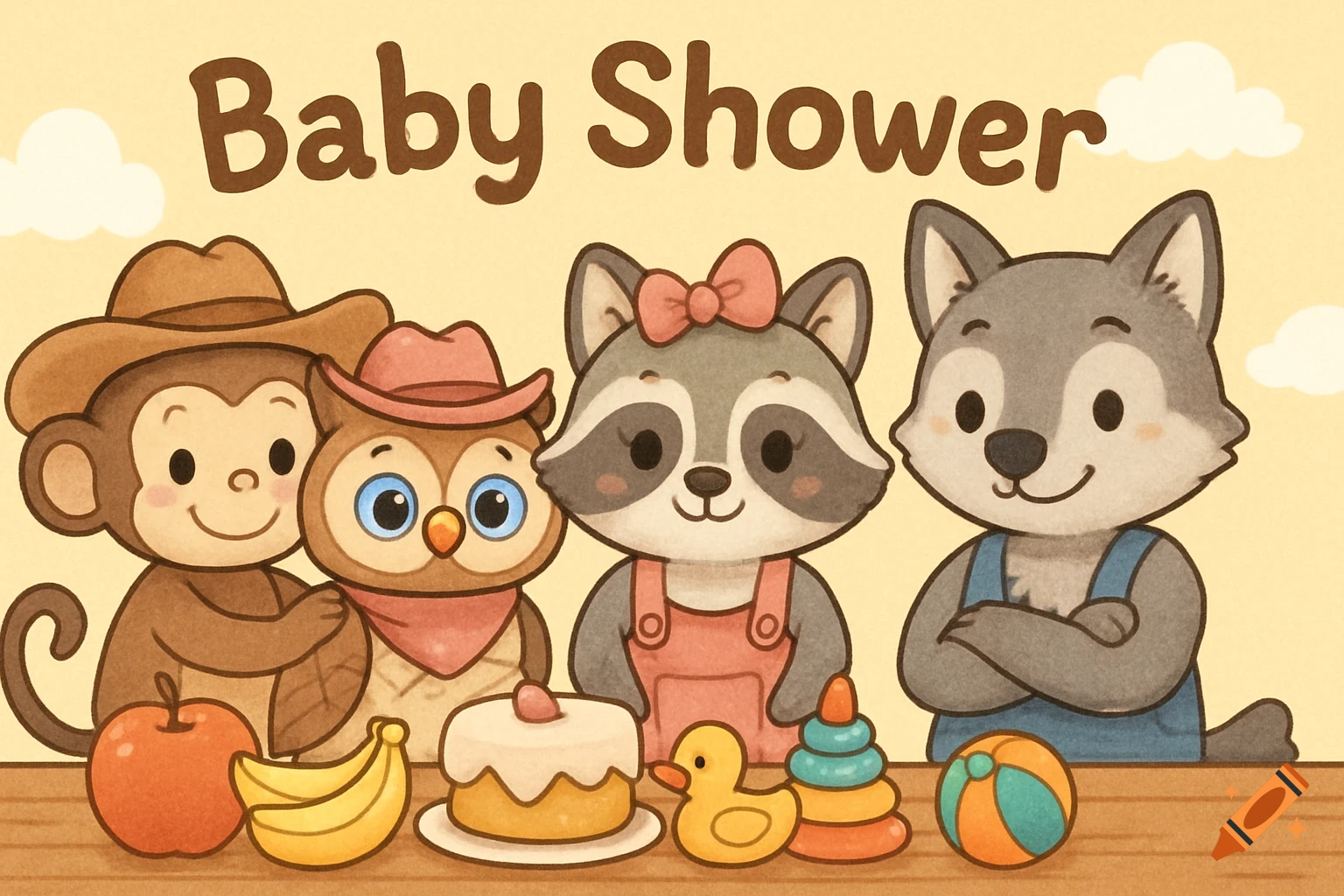 Cartoon animals (monkey, owl, raccoon, wolf) with baby shower items on a table below the text "Baby Shower". Illustration style.