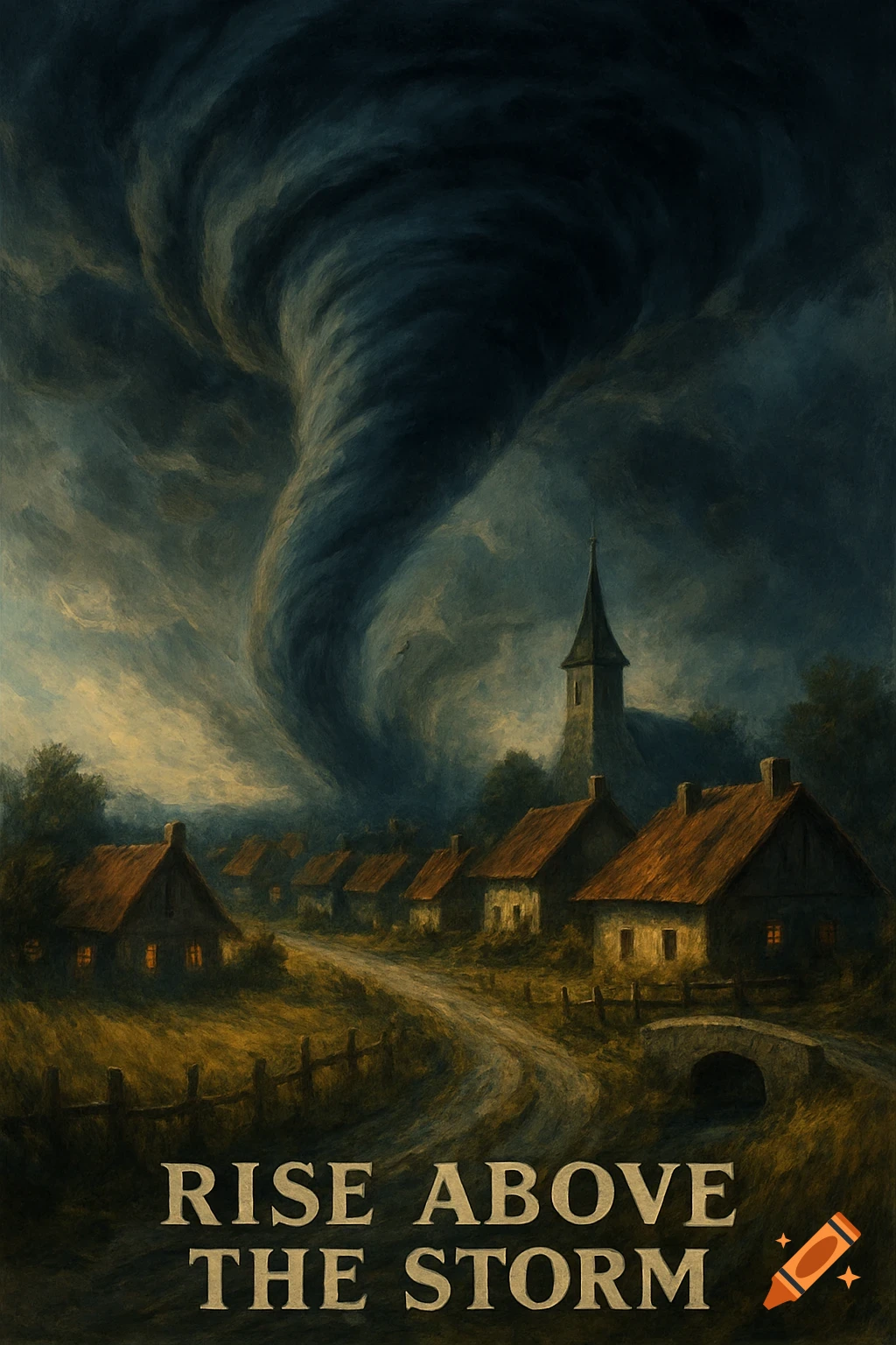 A dark tornado looms over a village with a church in a dramatic painterly style. Text reads 'RISE ABOVE THE STORM'.