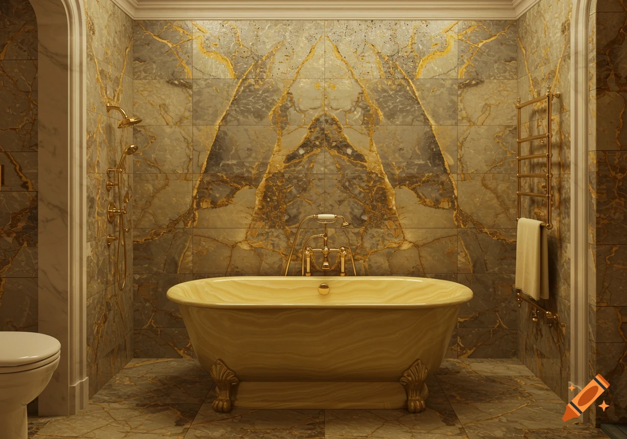 Luxurious bathroom interior with marble walls and floor, freestanding bathtub, and gold fixtures.