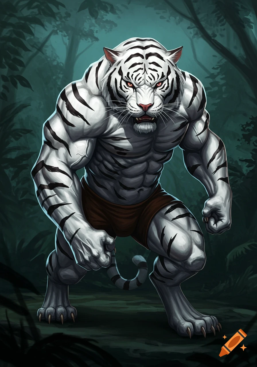 Muscular white tiger creature standing in a dark forest.