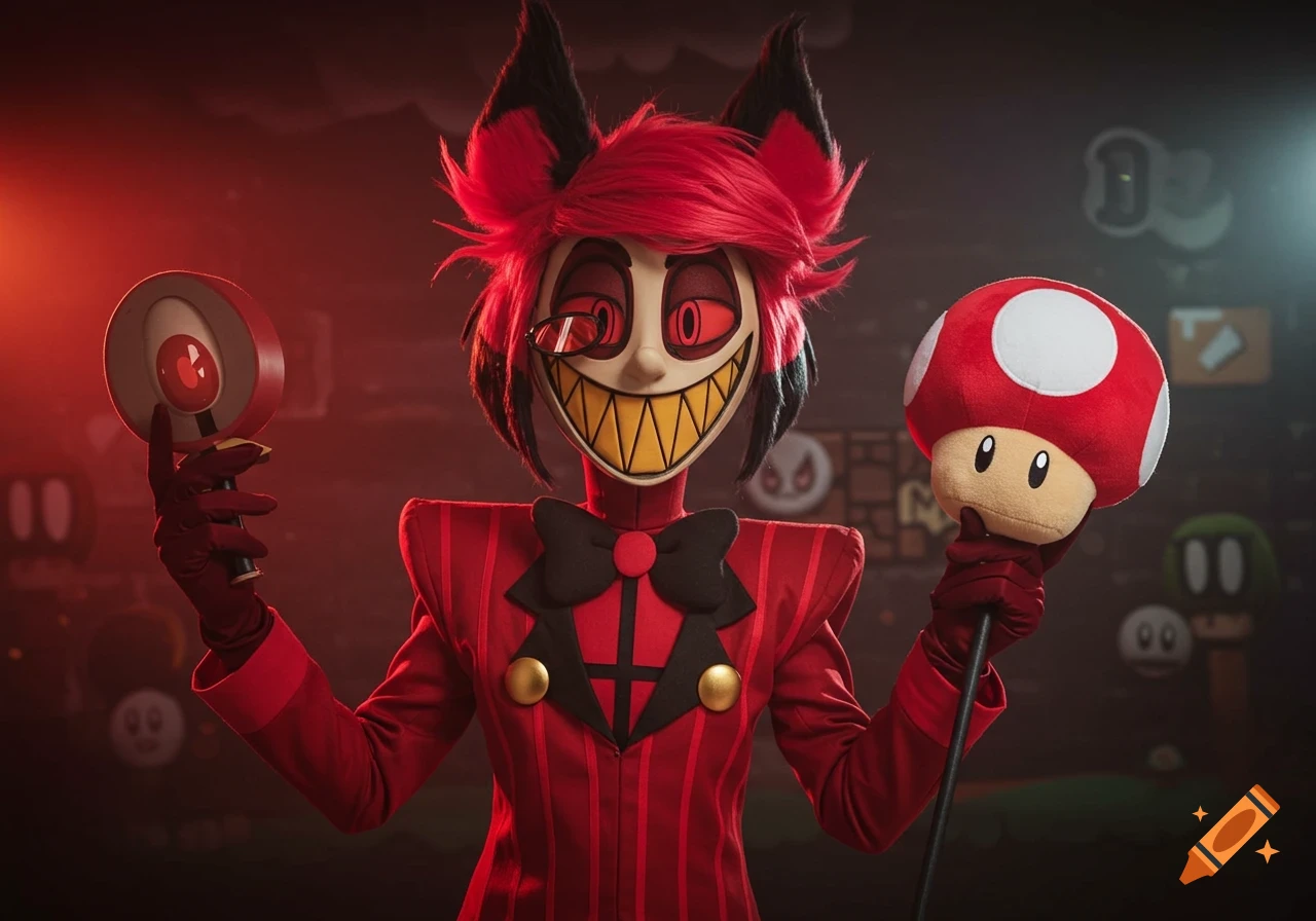 Cosplayer dressed as Alastor from Hazbin Hotel holds a Super Mario mushroom plush and a stylized eye prop.