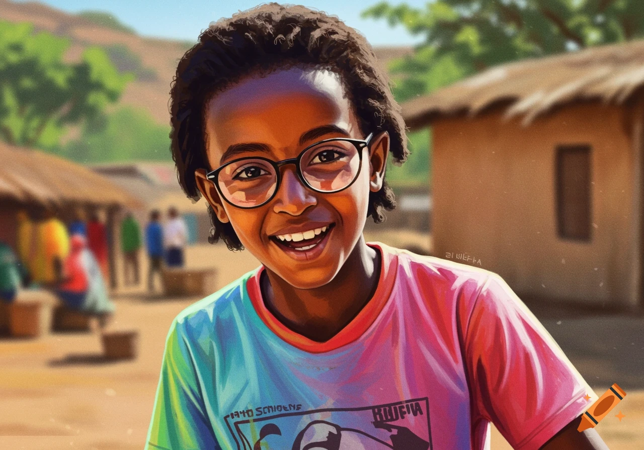 A smiling young child with glasses wearing a colorful shirt in a village setting.