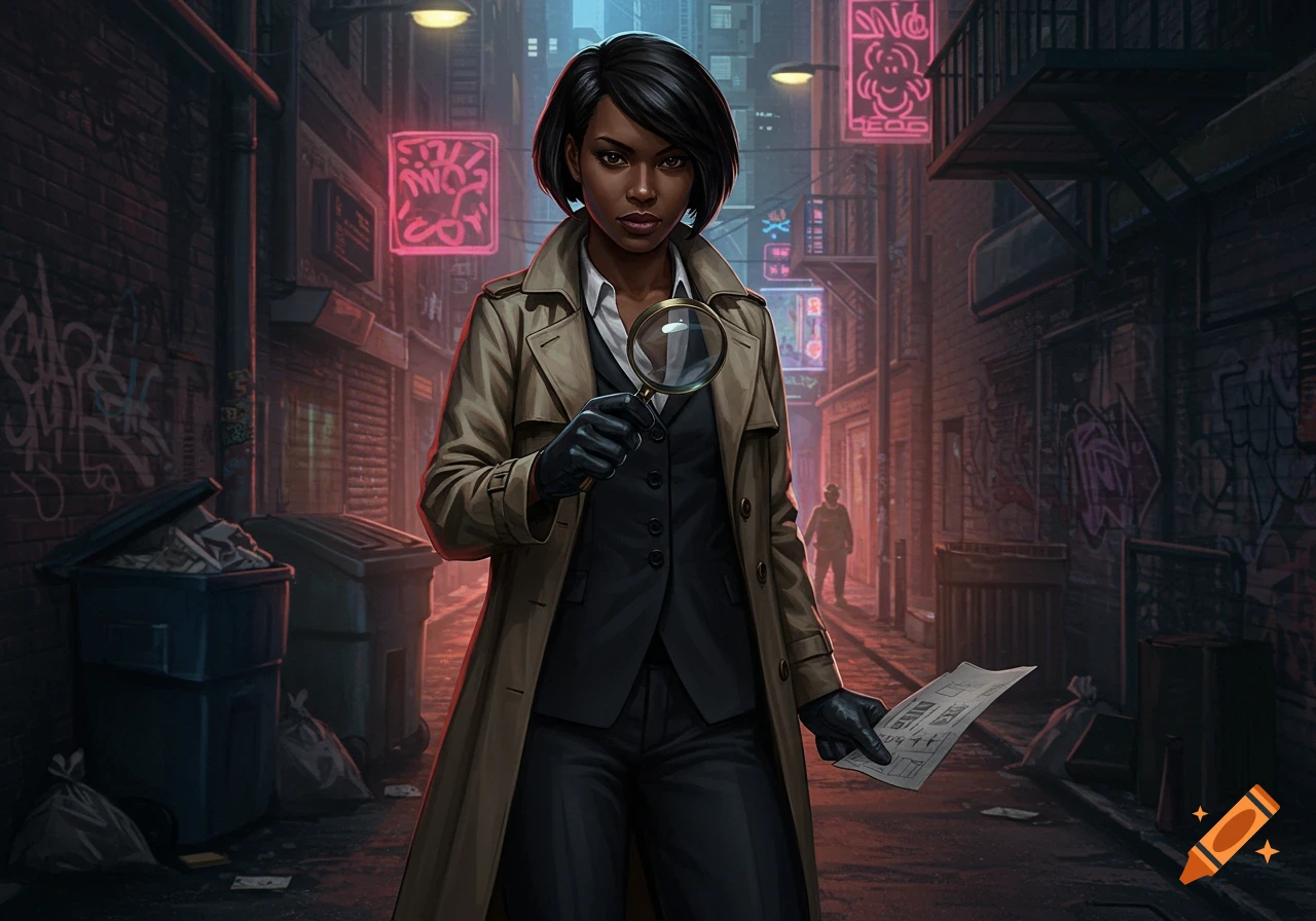 Illustration of a Black female detective holding a magnifying glass and paper in a dark city alleyway.