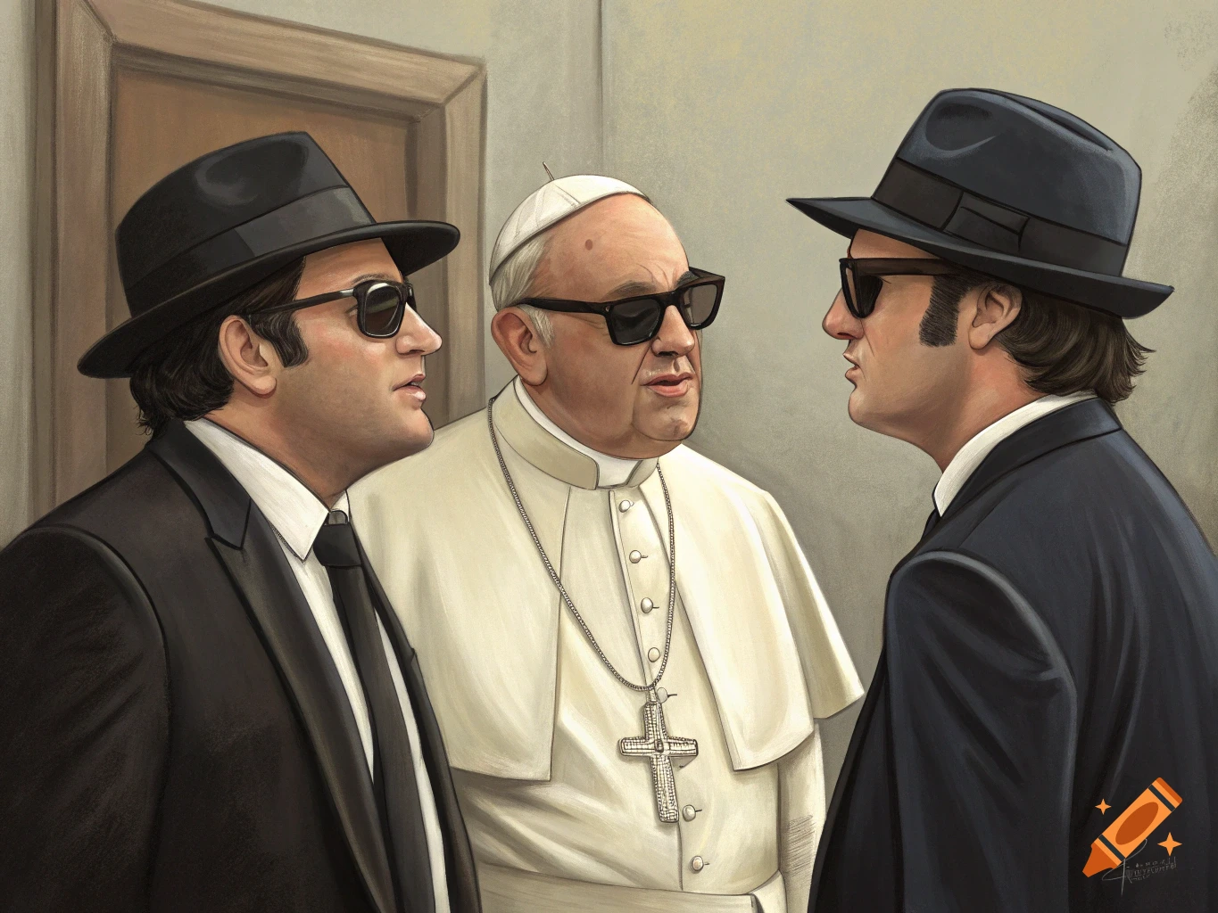 Illustration of the Pope standing between two men dressed like the Blues Brothers
