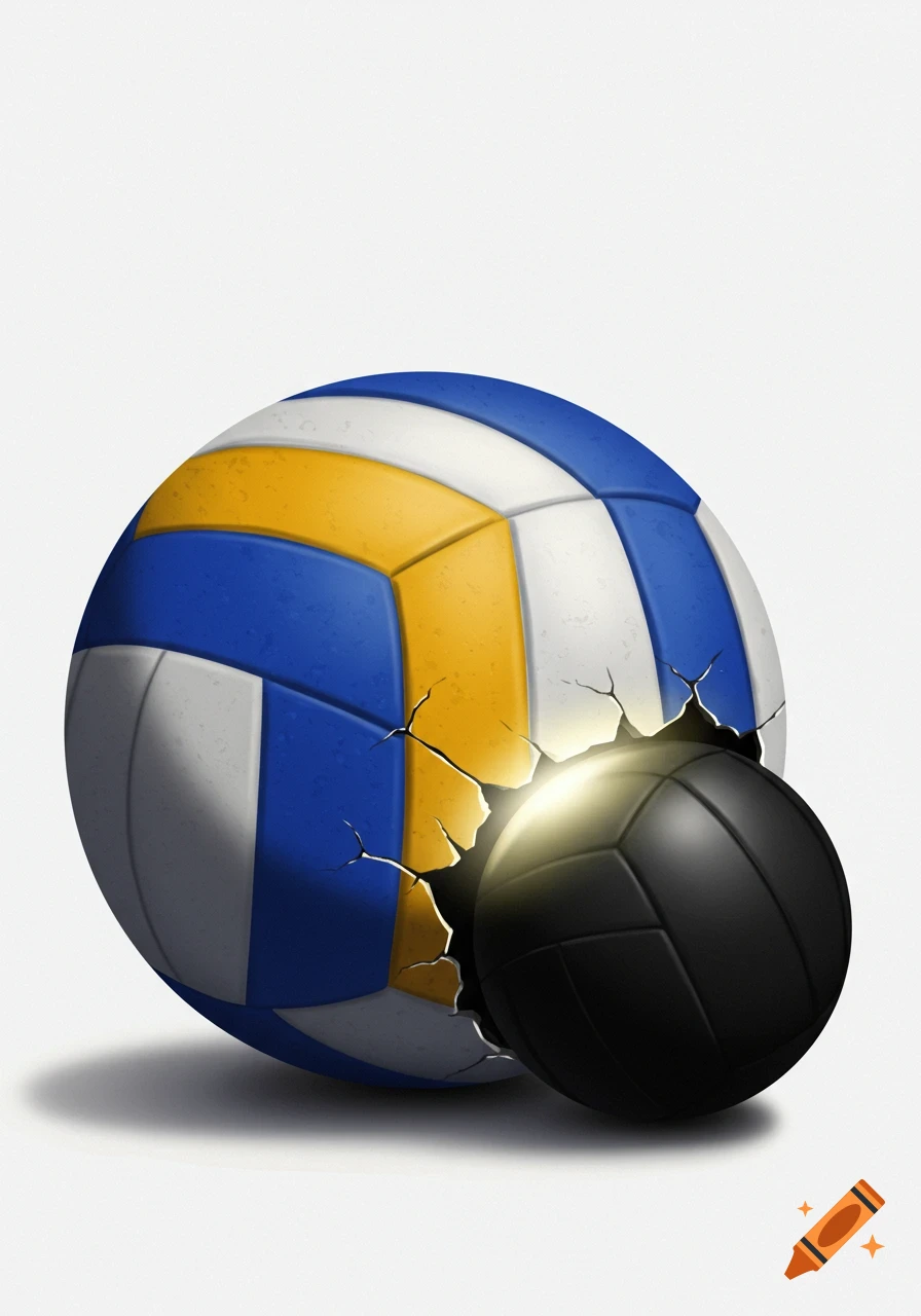 A large blue, yellow, and white volleyball cracks open, revealing a smaller black volleyball inside with light glowing from the crack.