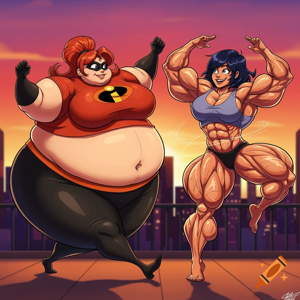 Cartoon depiction of a giant Helen Parr and muscular Violet Parr dancing on a rooftop at sunset.