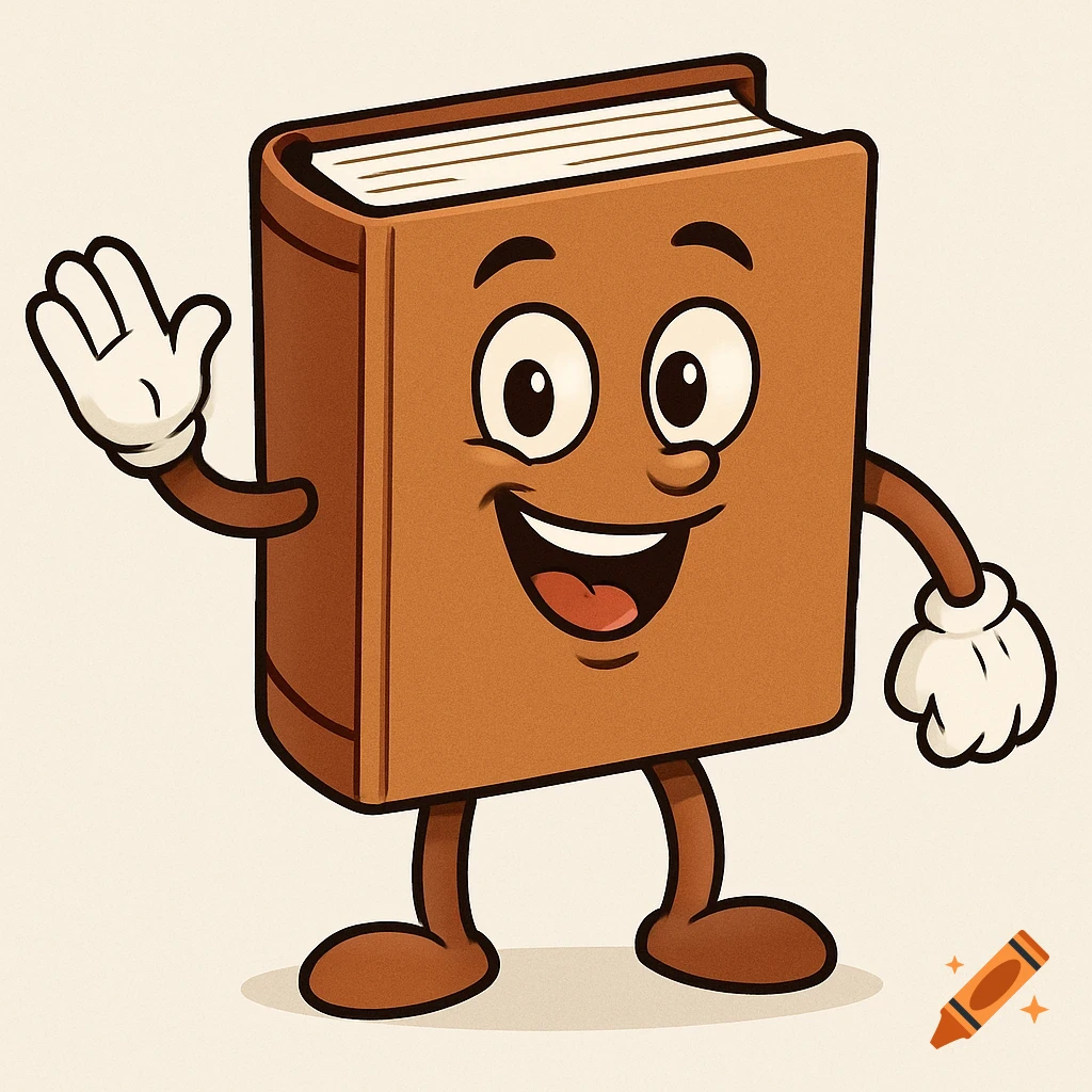 Cartoon book character with arms and legs, waving.