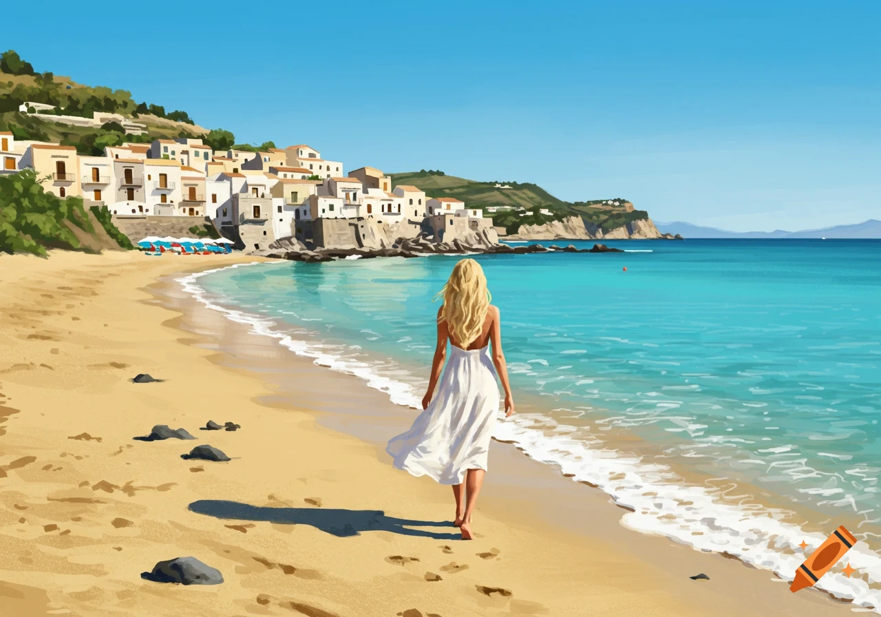 A blonde woman in a white dress walks on a sandy beach toward a coastal town and blue sea.