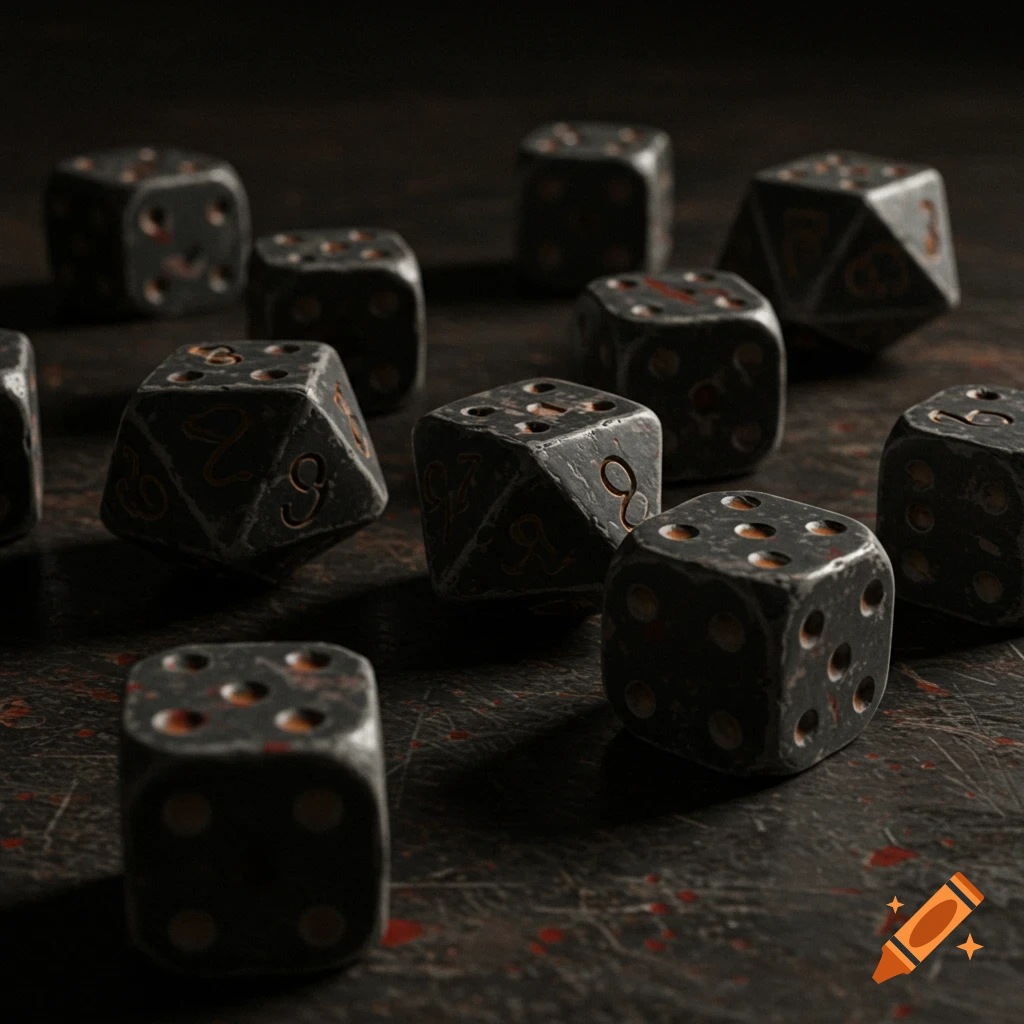 Close-up of scattered dark, weathered dice