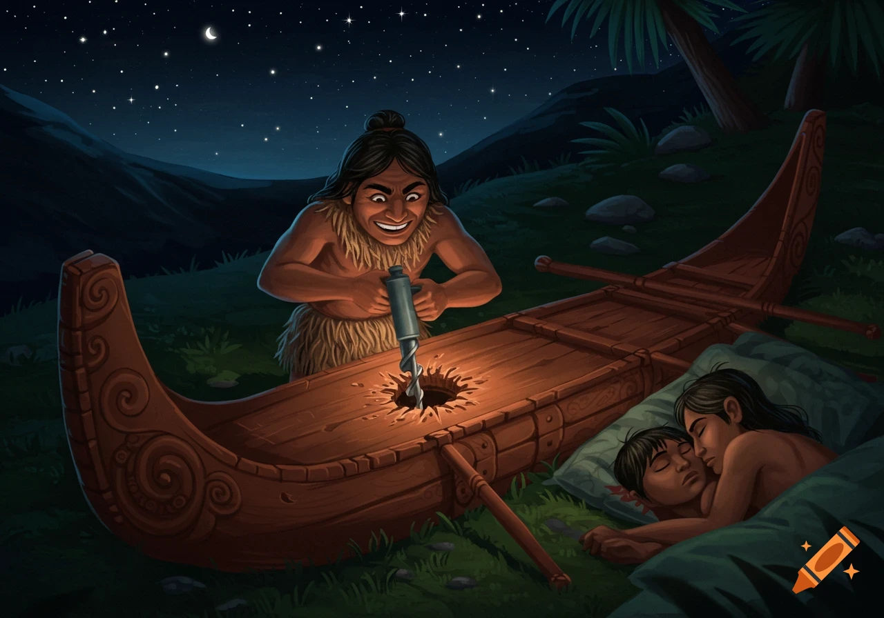 Illustration of a figure drilling a hole in a canoe at night near sleeping people. Maori legend.