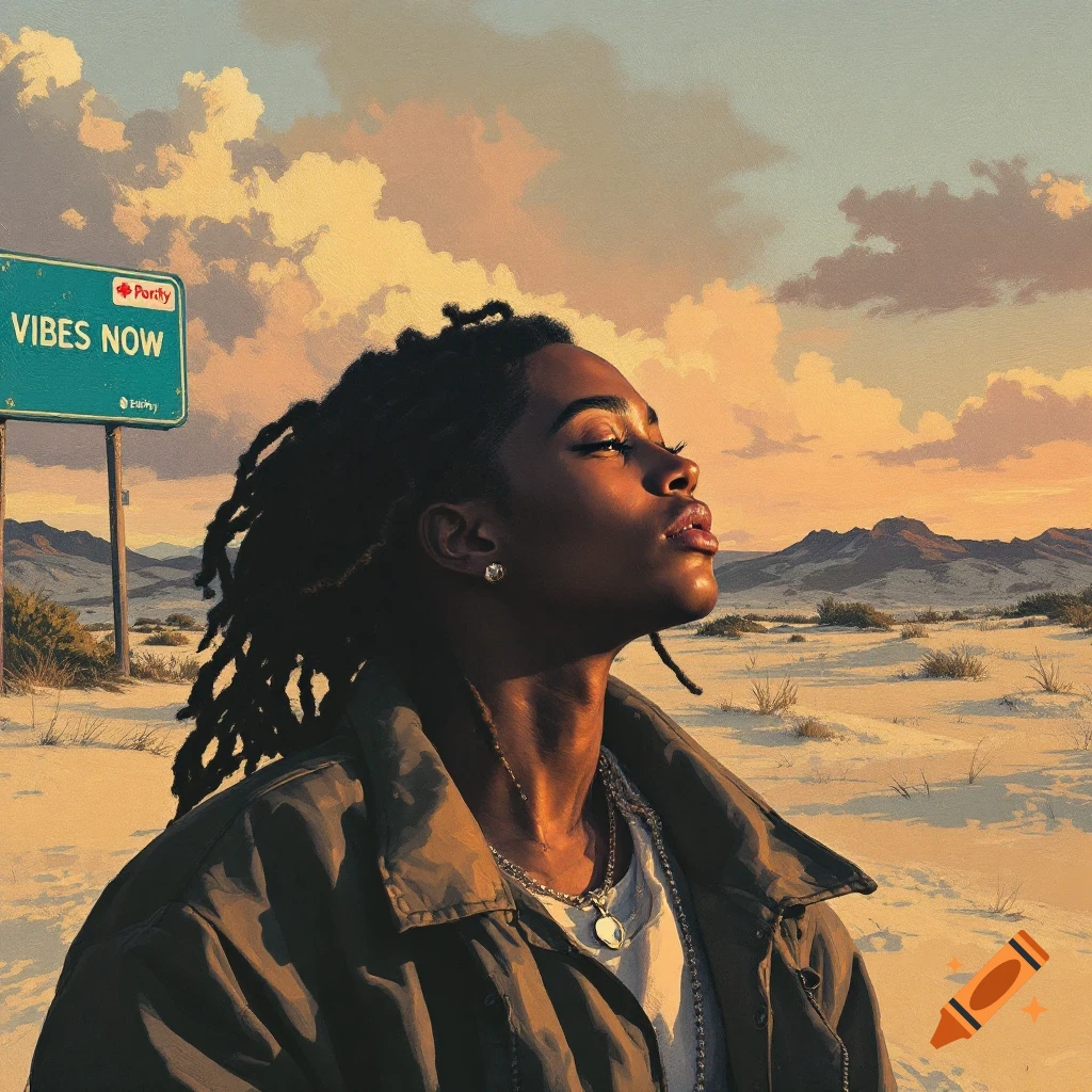 Painted style portrait of a young Black person with dreadlocks looking up in a desert with a "VIBES NOW" sign.