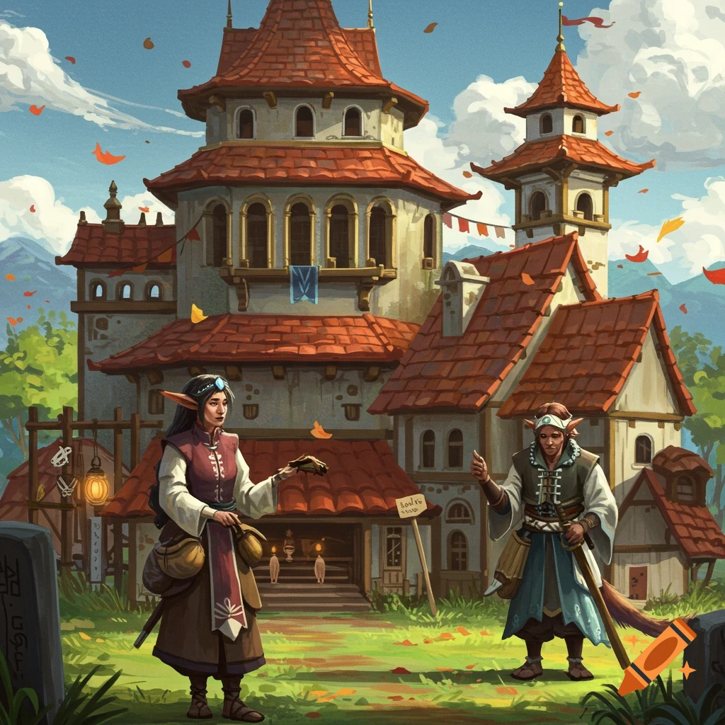 Two fantasy characters stand outside a large building with red roofs during autumn.