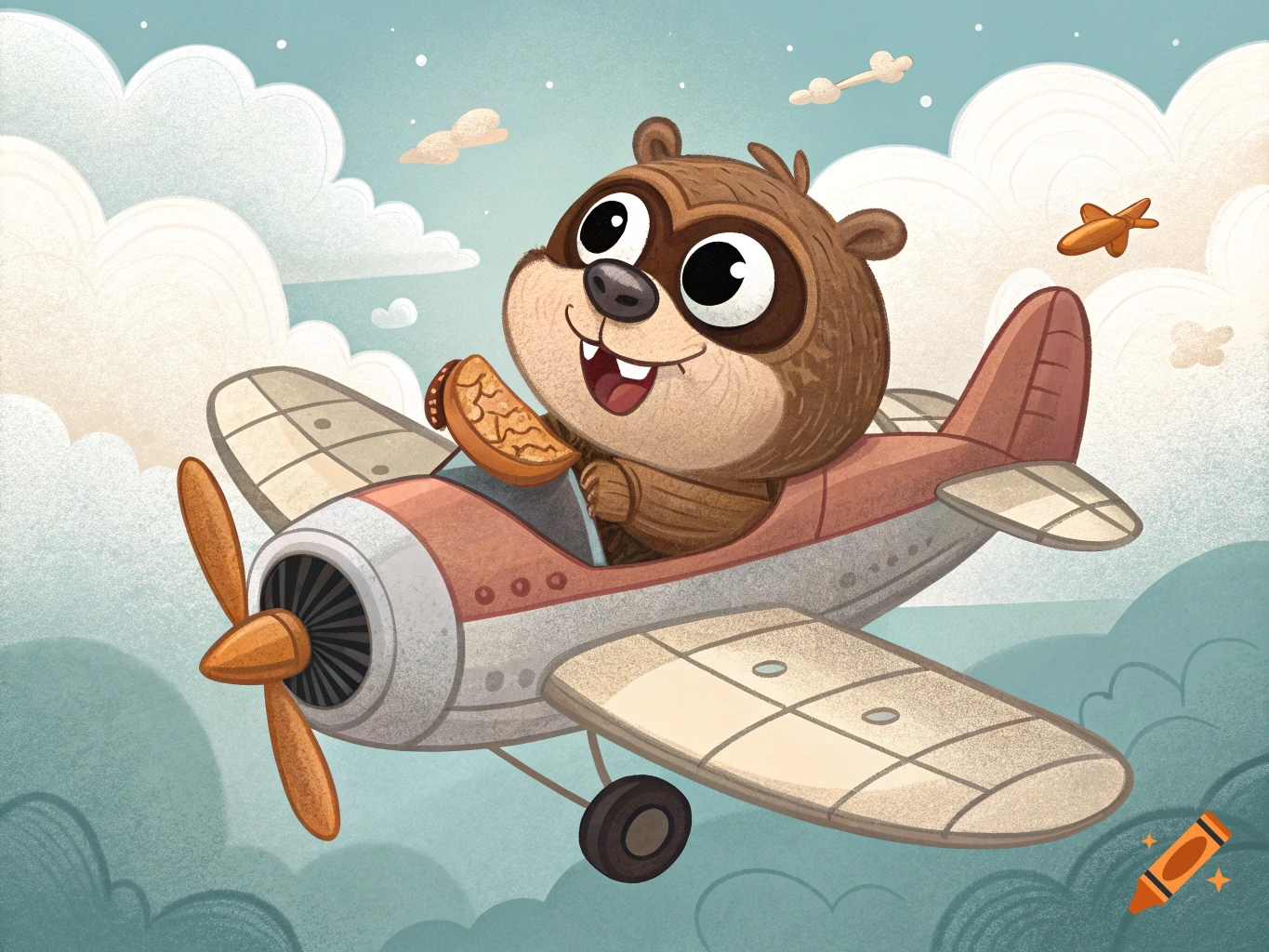 Cartoon illustration of a beaver flying a vintage airplane through the sky.