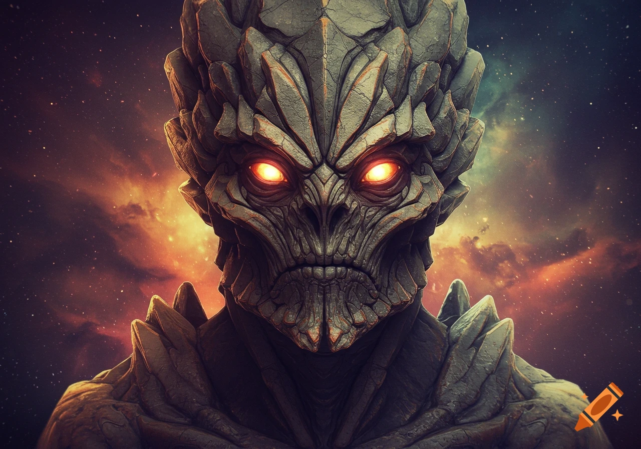 Close-up of a menacing stone alien face with glowing orange eyes against a cosmic background.