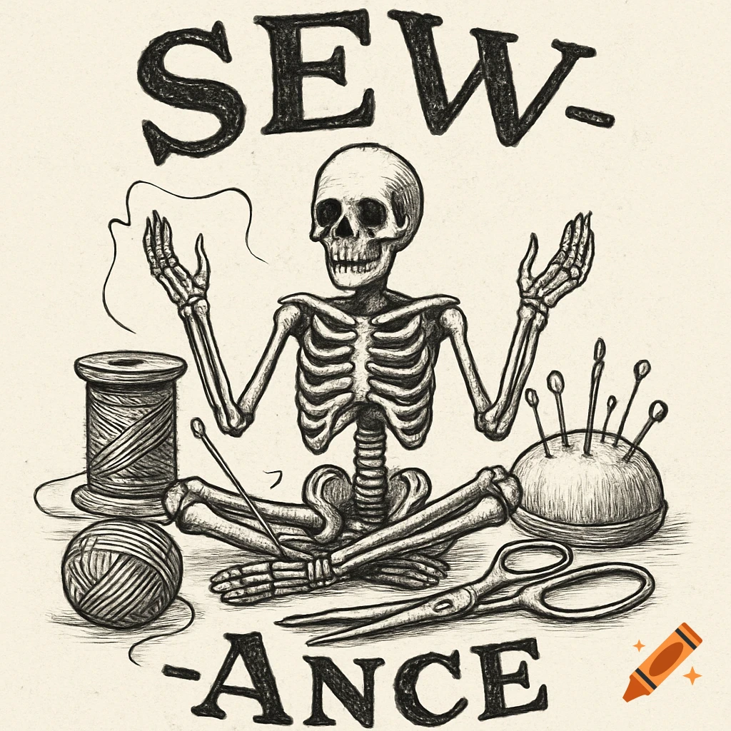 Black and white sketch of a skeleton doing a seance pose surrounded by sewing supplies like spools, needles, yarn, and scissors, with 'SEW-ANCE' text.