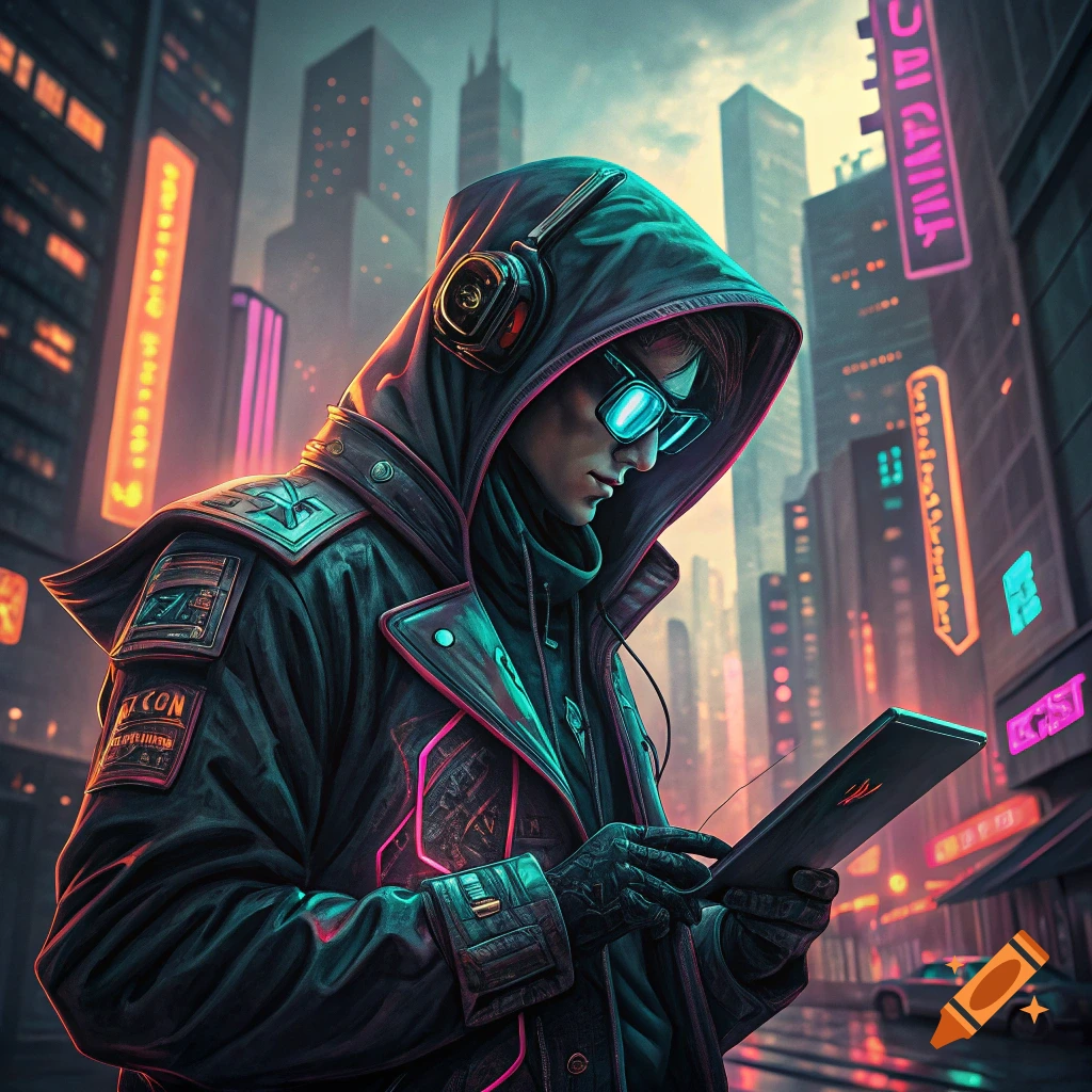Cyberpunk person in a hood and headphones looking at a tablet on a neon city street.
