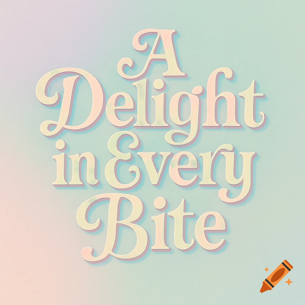 Decorative text "A Delight in Every Bite" in a fancy pastel font on a gradient background.