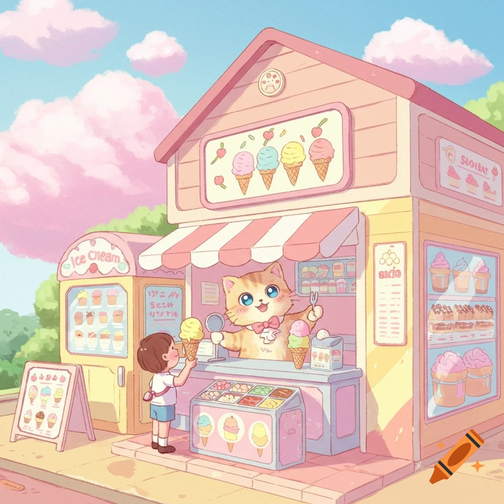 A cute cartoon cat sells ice cream from a pastel pink shop to a child in a kawaii style.
