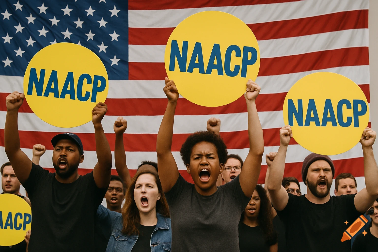 People holding NAACP signs and raising fists in front of an American flag.