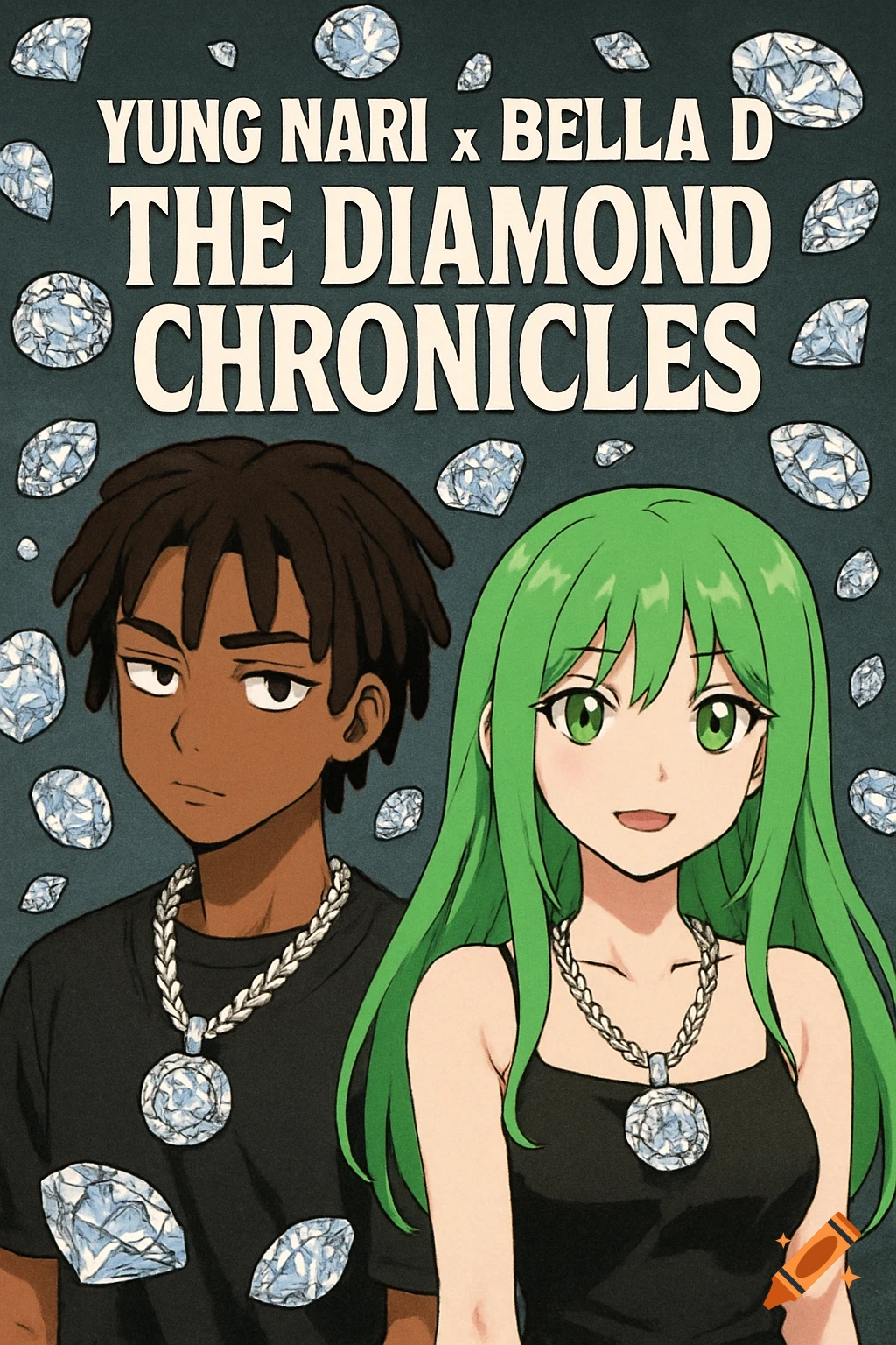 Anime album cover with two characters, diamonds, and text.