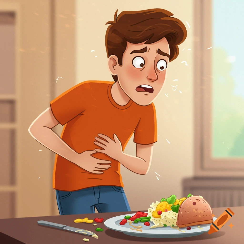 Animated person holding stomach, looking distressed at a plate of food.