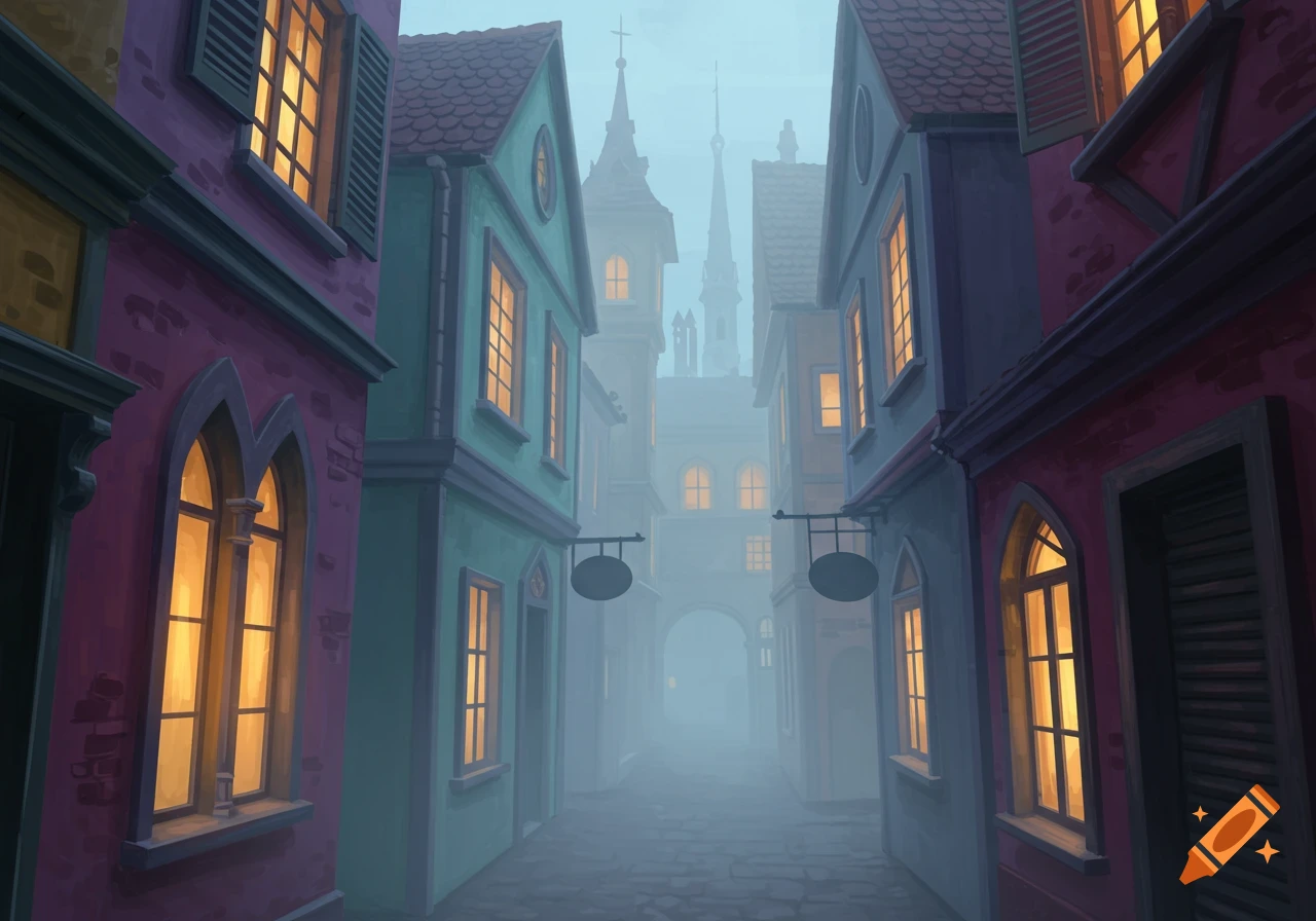 A foggy alleyway between colorful buildings with glowing windows, looking towards distant spires.