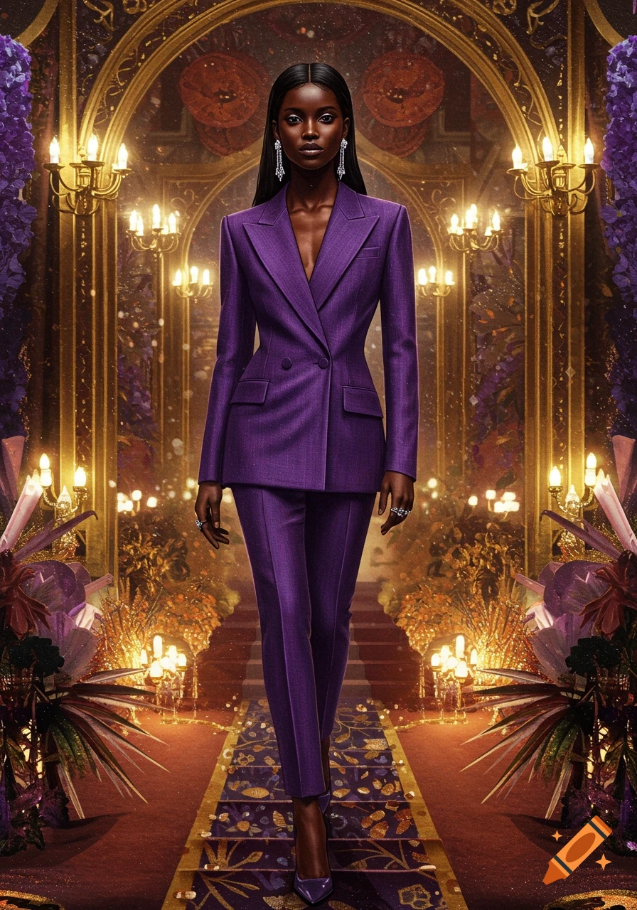 A woman in a purple suit walks down a red carpet in a grand hall filled with lights and flowers.