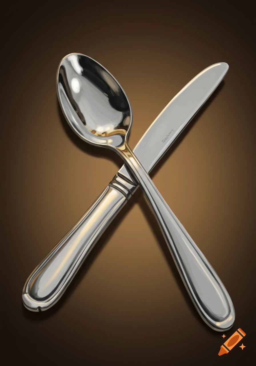 A silver spoon is crossed over a silver knife on a brown background.