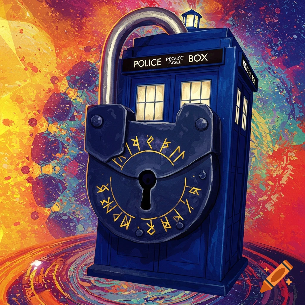 A blue TARDIS locked with a padlock against a colorful abstract background. The padlock has runes.