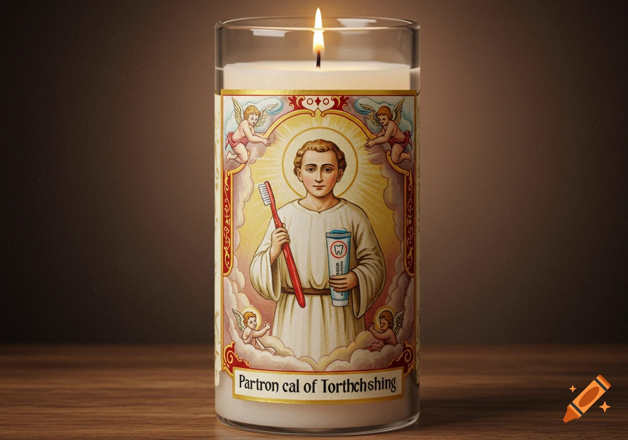 A religious prayer candle depicting a saintly figure holding a toothbrush and toothpaste tube, surrounded by angels, in an iconographic style.