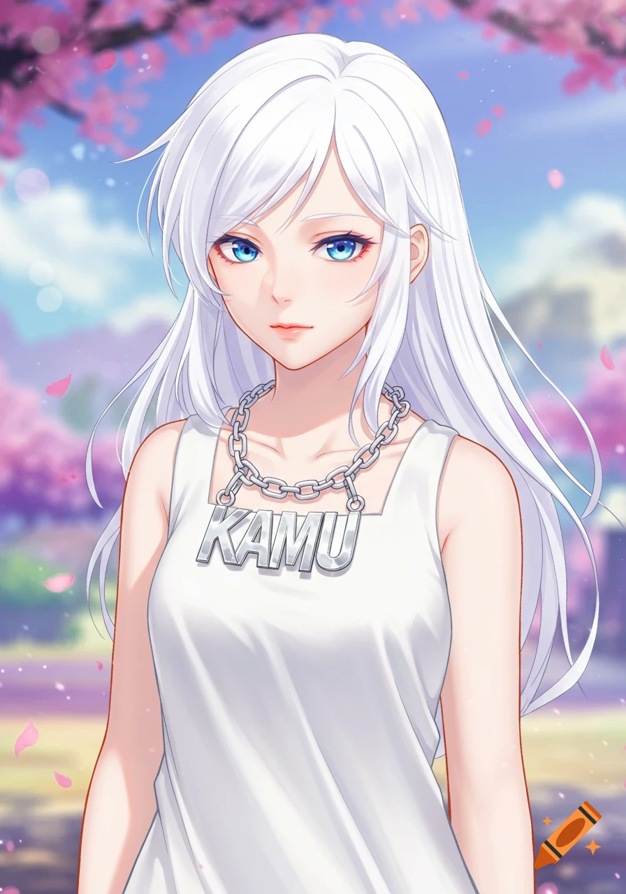 Anime portrait of a white-haired girl with blue eyes, wearing a white tank top and a chain necklace with "KAMU", cherry blossom background.