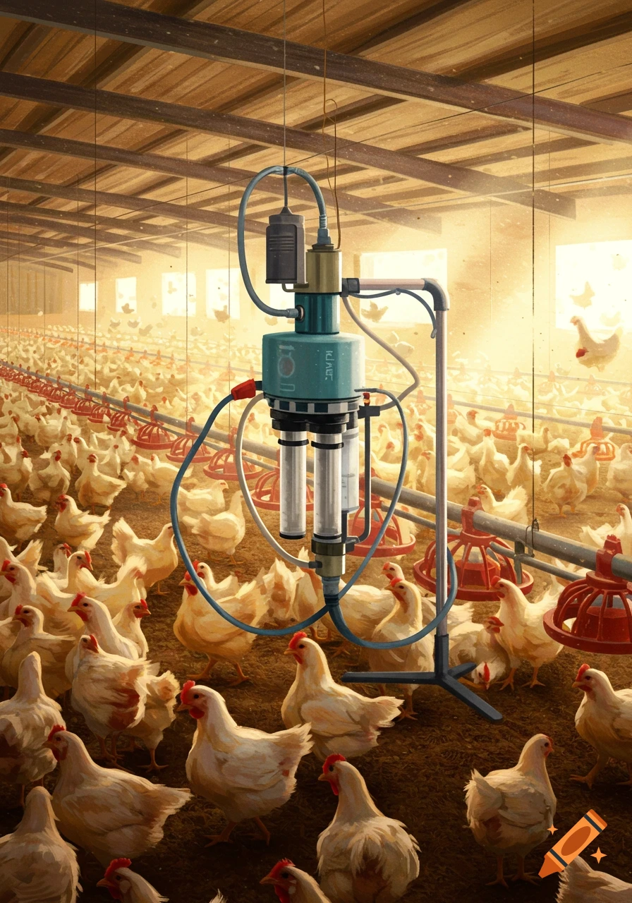 An aerosol sampler stands in a chicken farm among many chickens.