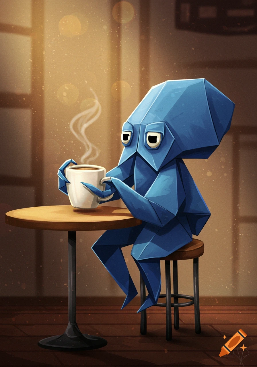 Blue origami character drinking coffee in a cafe illustration