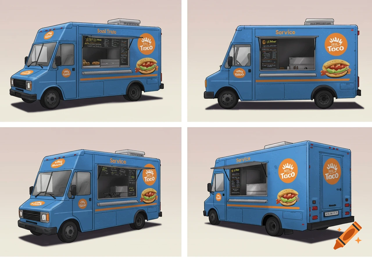 Four angled views of a blue food truck with orange accents and signage in an illustrative style.