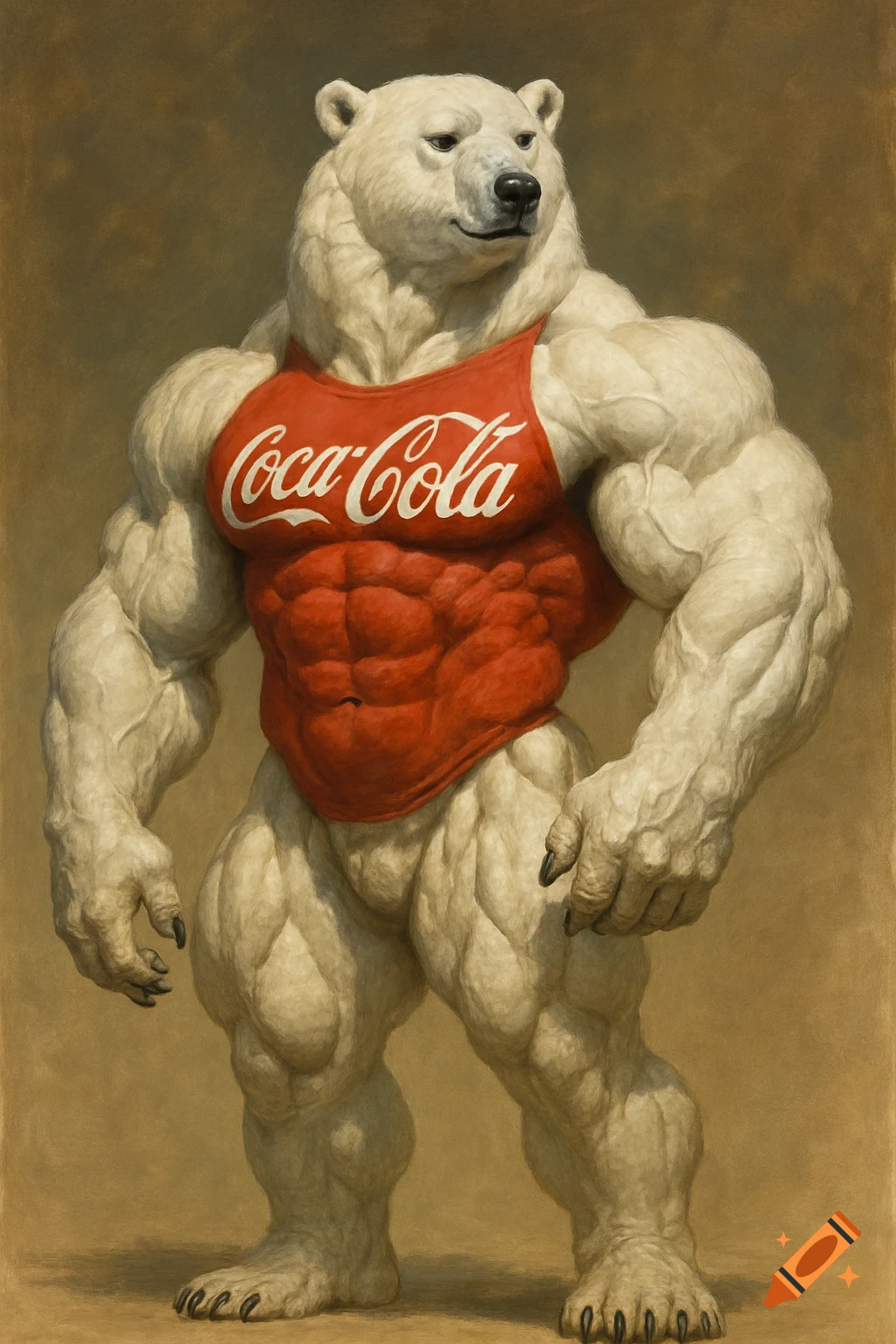 A muscular polar bear stands on hind legs wearing a red Coca-Cola tank top.