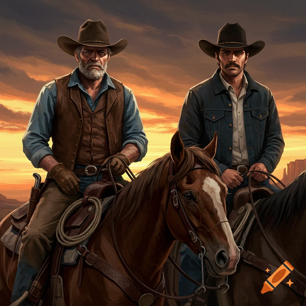 Two cowboys riding horses at sunset in a desert landscape, digital art.